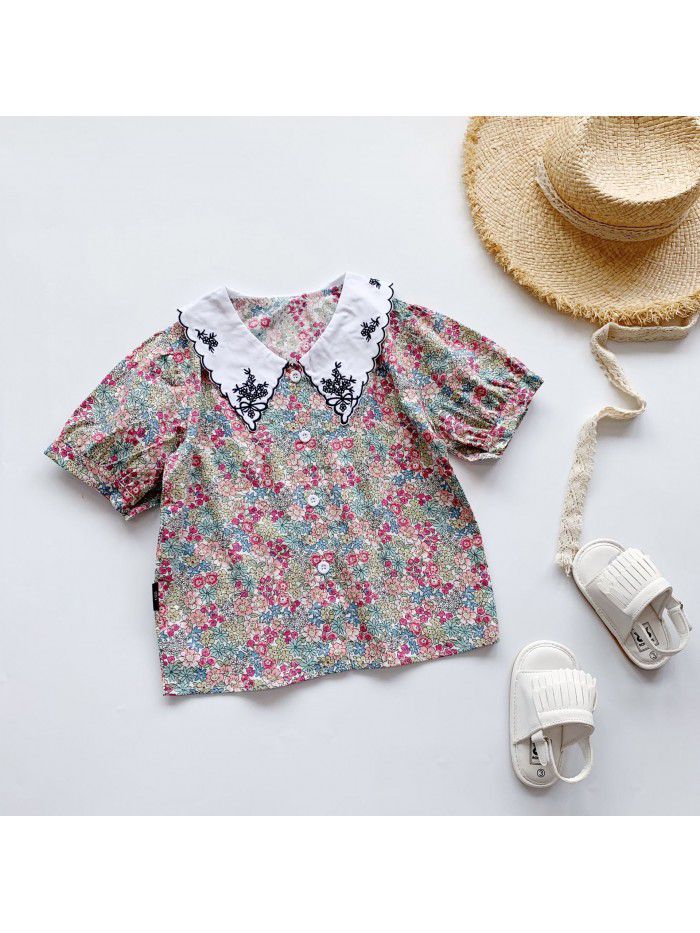 Children's clothing  summer girls' net red baby shirt baby's foreign style bubble sleeve embroidered shirt Korean version Lapel shirt 