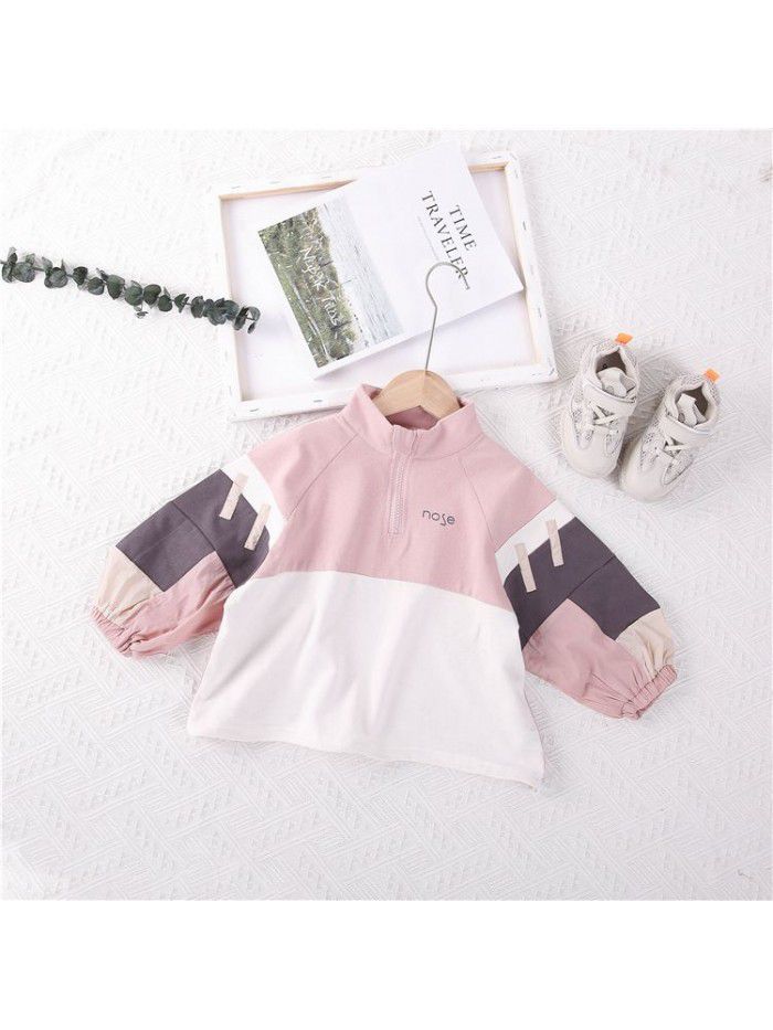 Girls' color matching coat  new Korean autumn baby's top long sleeve children's stand collar Pullover 