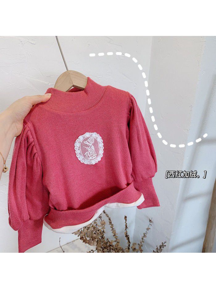 Girls' base shirt autumn and winter  new style girl's high collar Korean foam sleeve Plush thickened top 