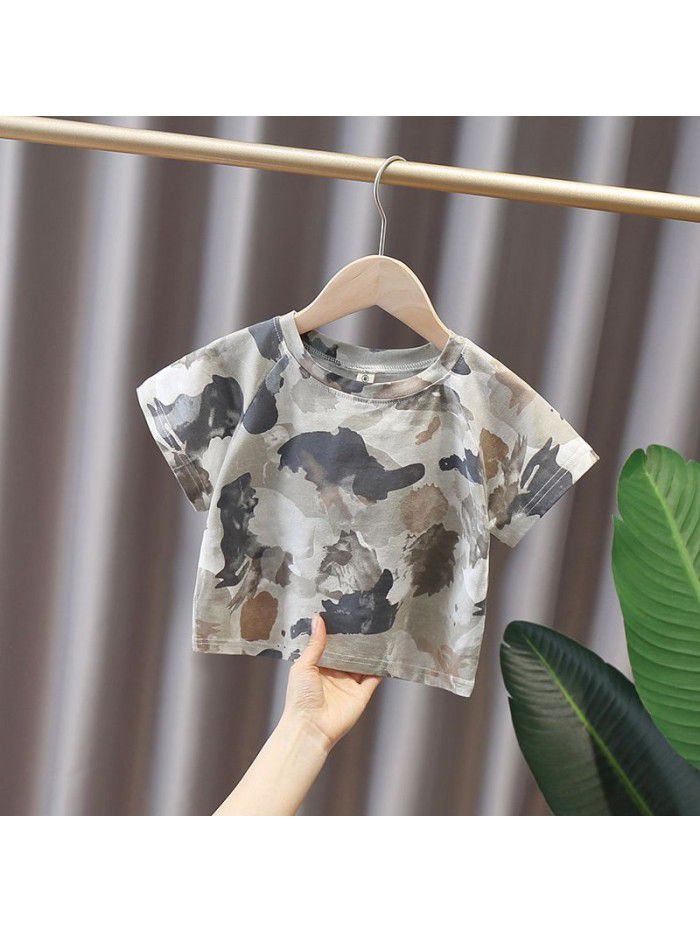 4564 boys' short sleeve  new foreign style summer wear children's Korean camouflage round neck T-shirt middle and small children's half sleeve T-shirt 