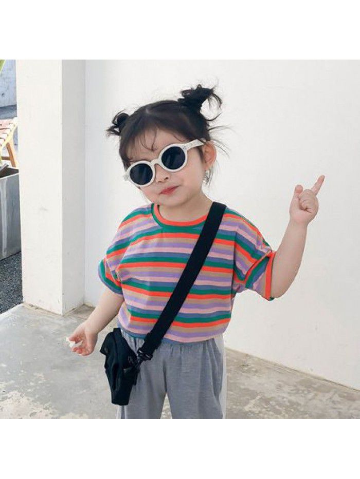 Girls T-shirt color stripe children's top  new foreign style summer dress baby Korean Short Sleeve round neck children's wear 