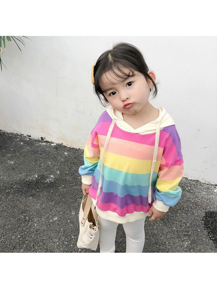 Girls' Rainbow Striped Hooded Sweater spring and autumn wear children's top Pullover long sleeve children's wear 