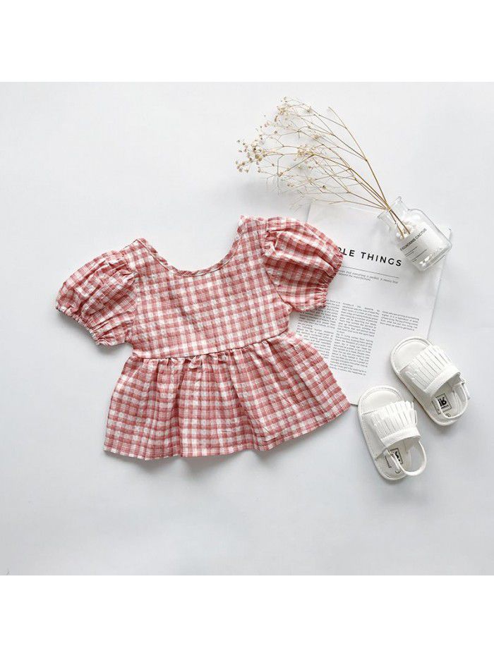 Children's summer baby girls' short sleeve Korean lovely baby shirt flying sleeve children's Plaid wholesale top 