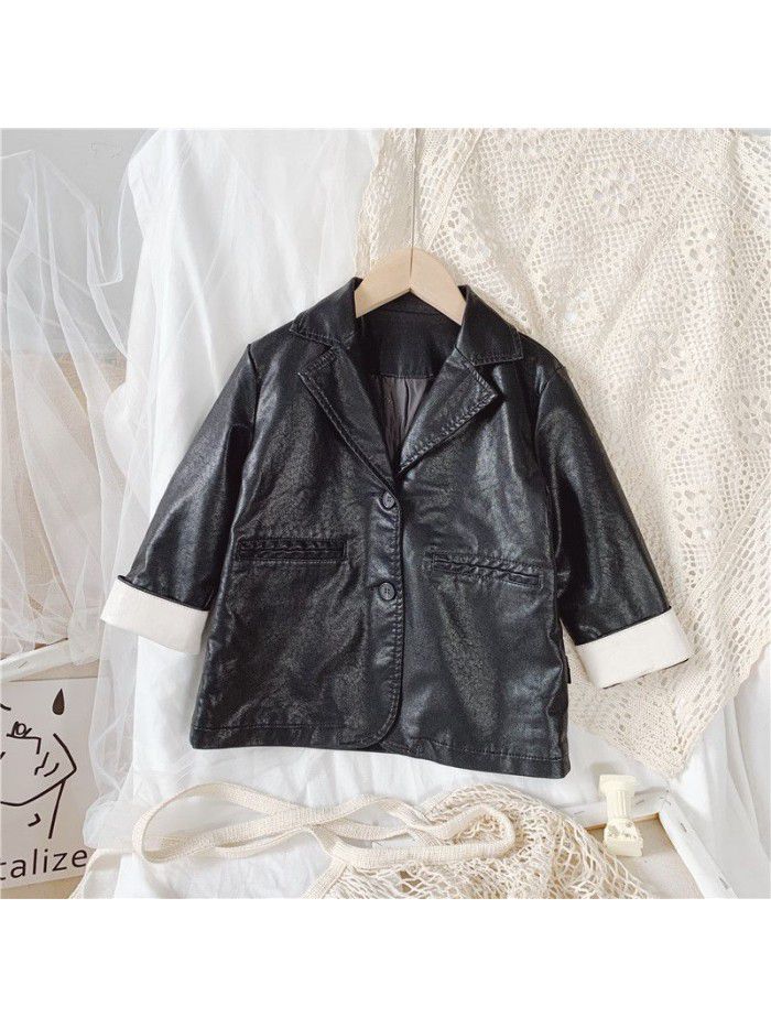 Children's coat  autumn new Korean girl's leather suit collar girl's leather jacket fashion 