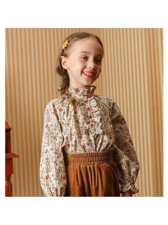  spring new girls' shirt floral retro long sleeve shirt Korean fashion top foreign trade wholesale children's wear 