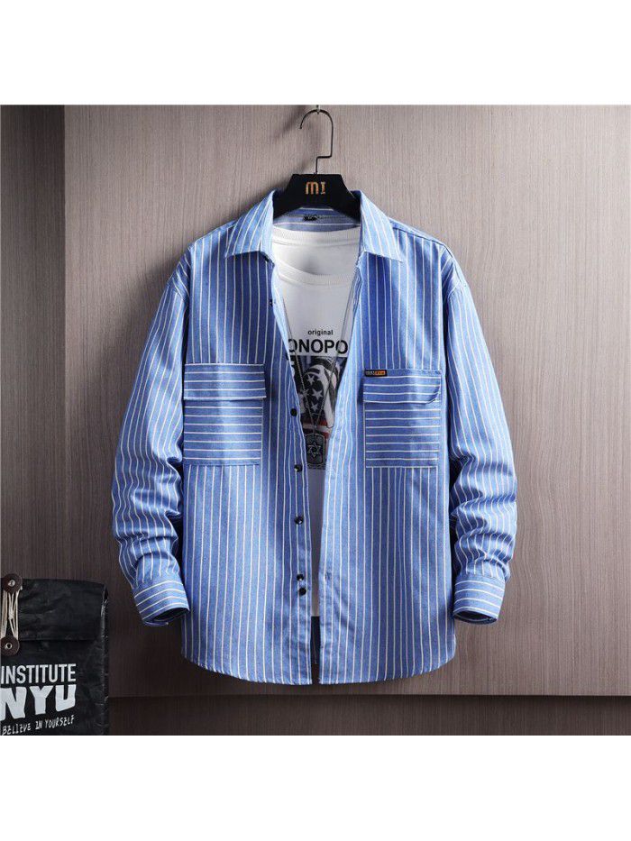 Autumn men's long sleeve shirt Korean casual Stripe Shirt Men's cotton shirt cardigan men's top 
