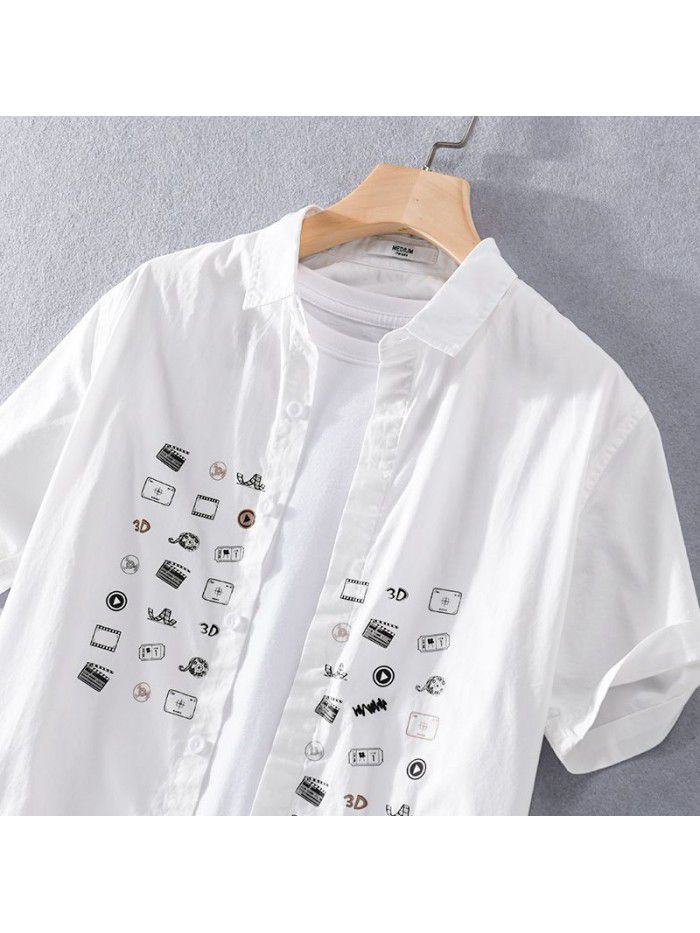 Summer men's fashion printed shirt fashion thin comfortable popular cotton shirt literature and art small fresh top 9736 