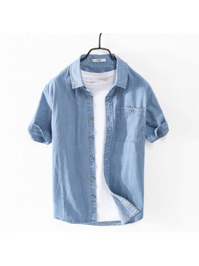 Summer casual men's jeans short sleeve shirt solid color handsome simple versatile fashion men's cotton shirt 910 