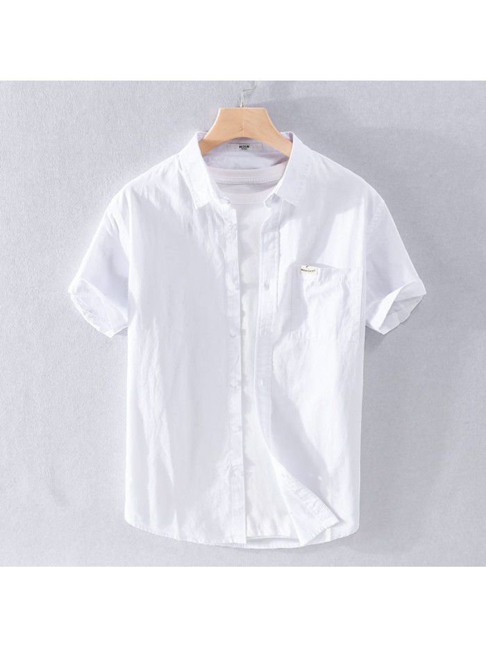 Summer men's new pure color comfortable cotton shirt youth simple Japanese fresh white popular men's shirt 315 