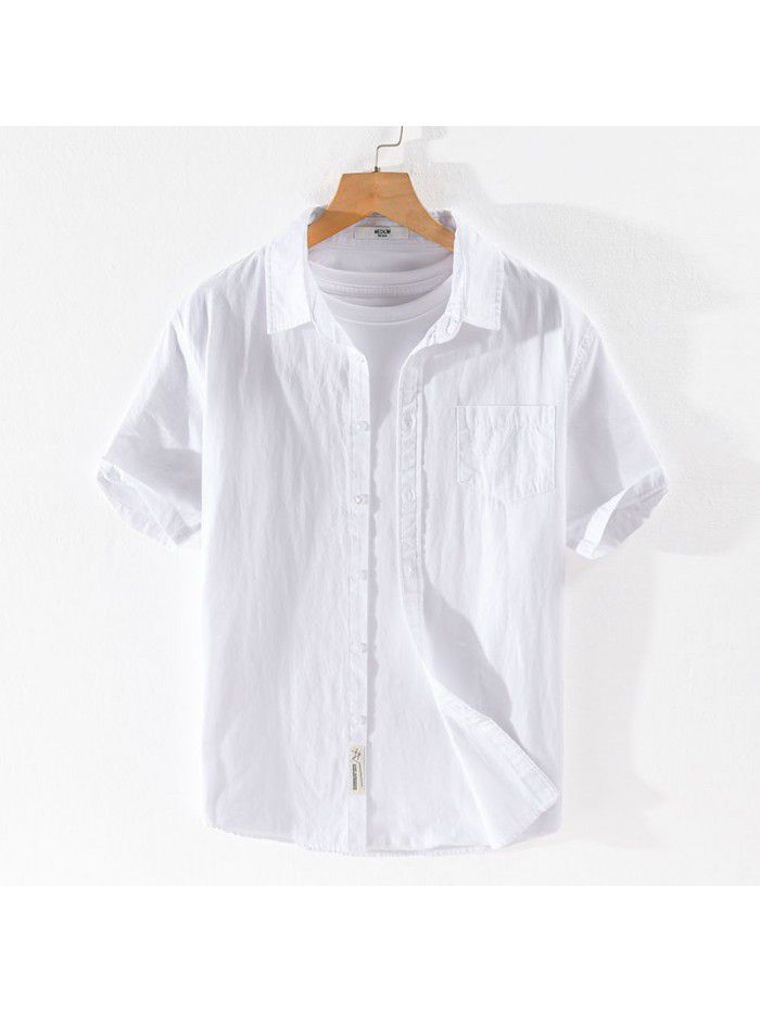 Summer new men's cotton shirt relaxed and comfortable youth simple solid color men's shirt 9342 