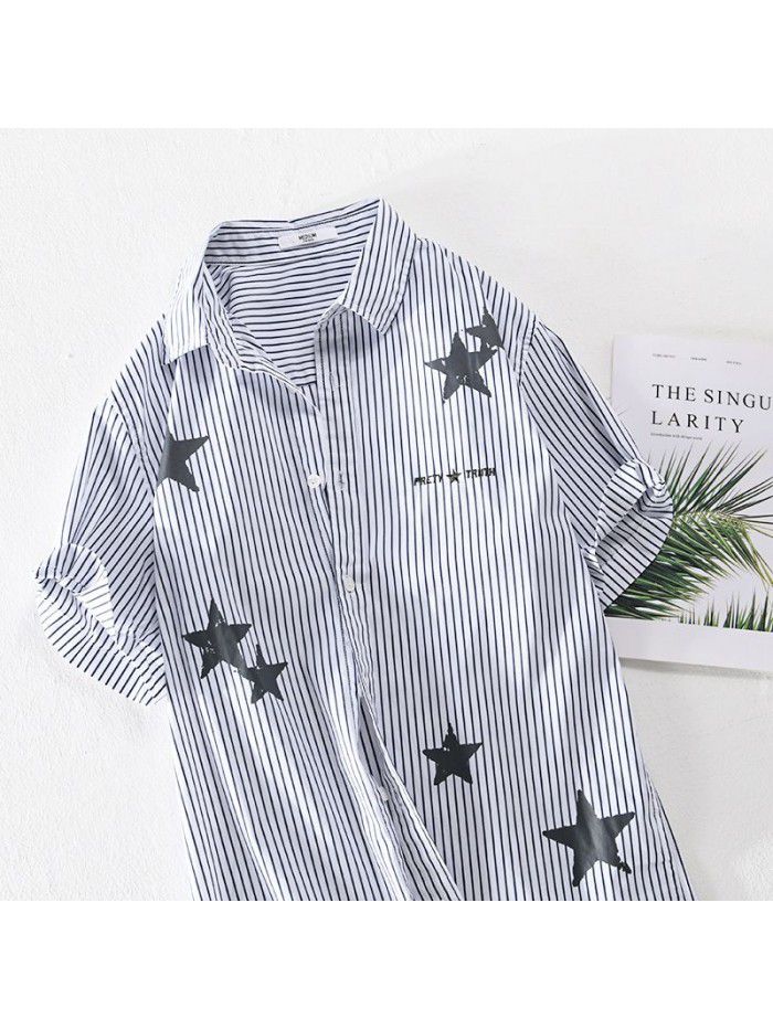 Summer new striped men's shirt star print fashion simple art fan Xiaoqing new men's cotton shirt 905 