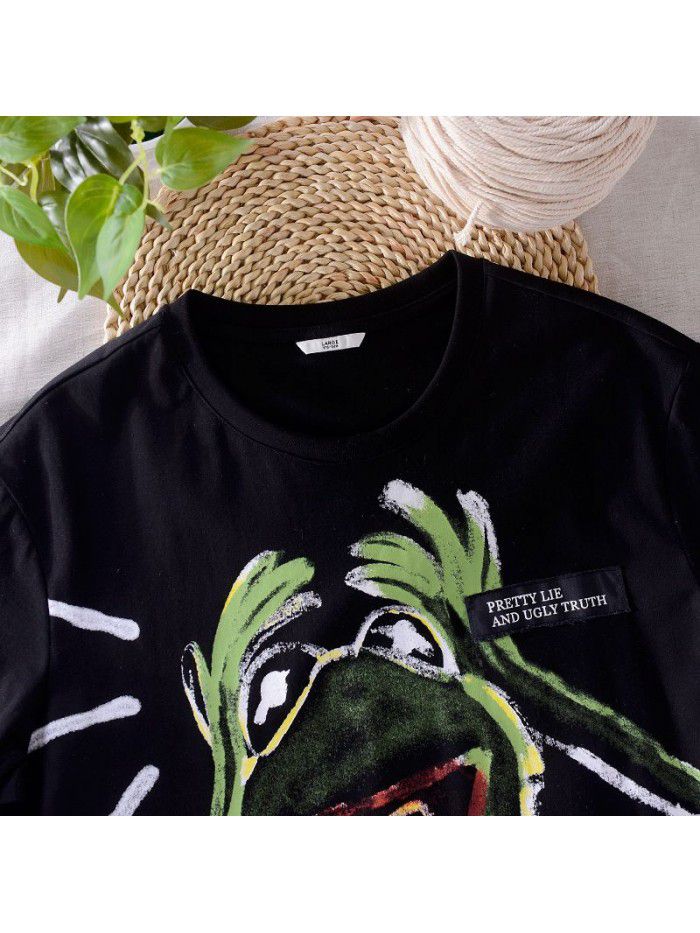 Summer Cotton Short Sleeve T-Shirt trendy men's cartoon printed hip hop style cotton black T-shirt 8903 