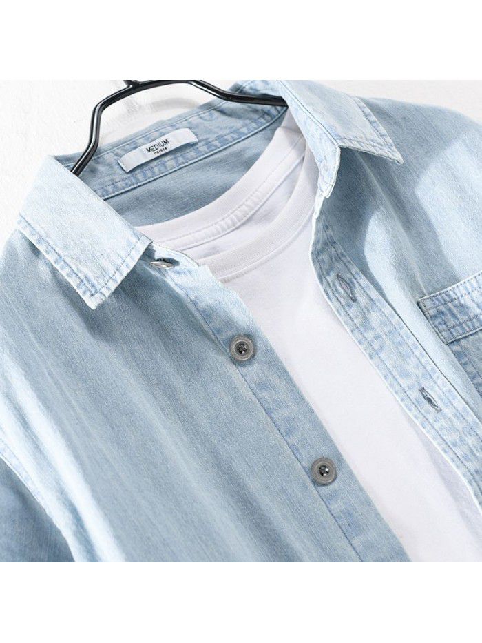 Summer casual men's jeans short sleeve shirt solid color handsome simple versatile fashion men's cotton shirt 910 