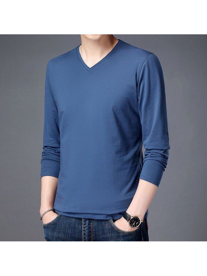 spring new men's long sleeve T-shirt solid color round neck bottomed shirt long sleeve t-shirt men's middle aged Dad 