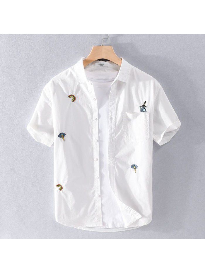 Summer leisure fashion logo embroidery fashion men's cotton shirt thin handsome comfortable white shirt men's 9737 