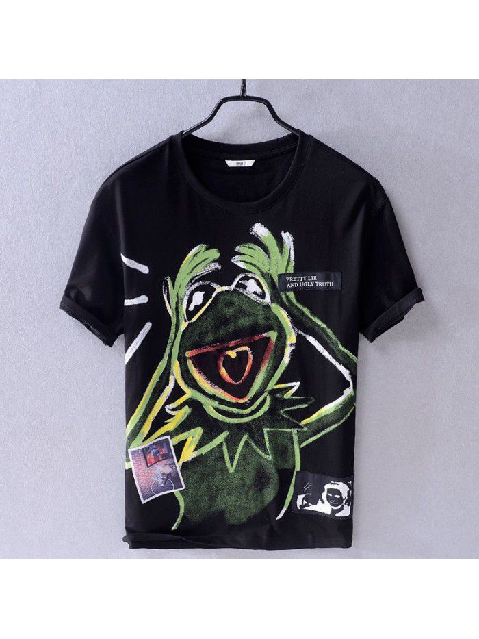 Summer Cotton Short Sleeve T-Shirt trendy men's cartoon printed hip hop style cotton black T-shirt 8903 