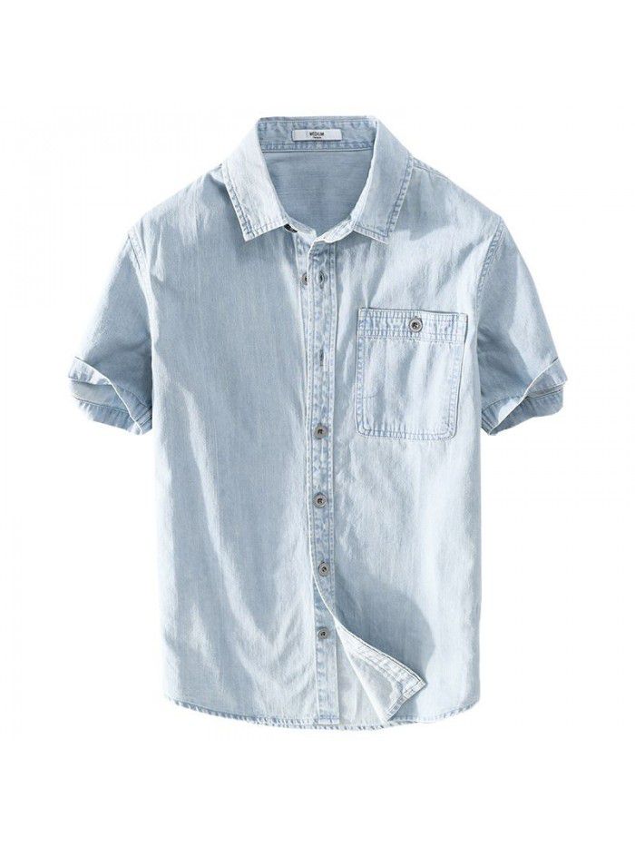 Summer casual men's jeans short sleeve shirt solid color handsome simple versatile fashion men's cotton shirt 910 