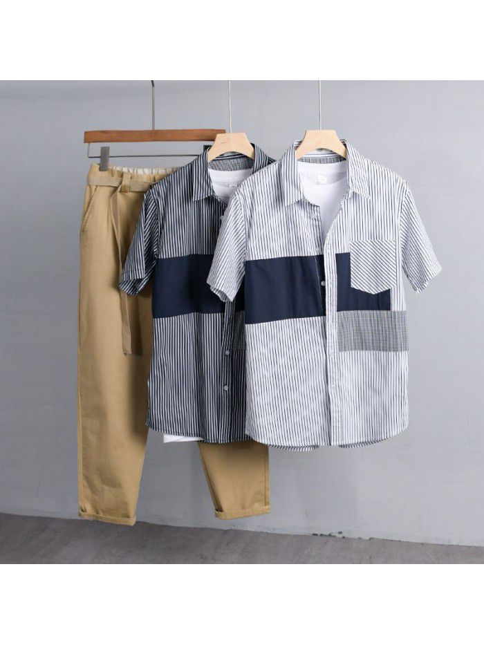 Summer men's casual striped shirt, fresh literature and art, Japanese popular young handsome versatile cotton shirt 906 