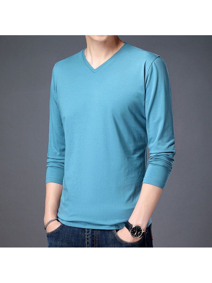 spring new men's long sleeve T-shirt solid color round neck bottomed shirt long sleeve t-shirt men's middle aged Dad 