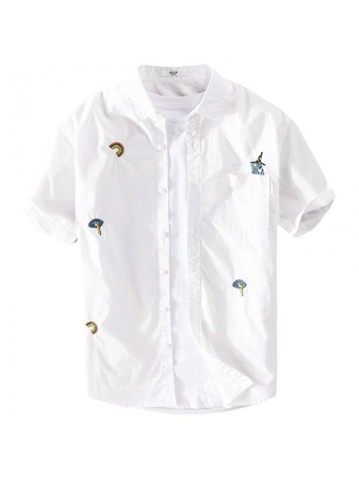 Summer leisure fashion logo embroidery fashion men's cotton shirt thin handsome comfortable white shirt men's 9737 