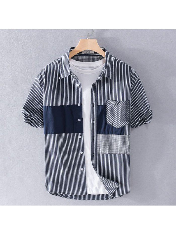 Summer men's casual striped shirt, fresh literature and art, Japanese popular young handsome versatile cotton shirt 906 