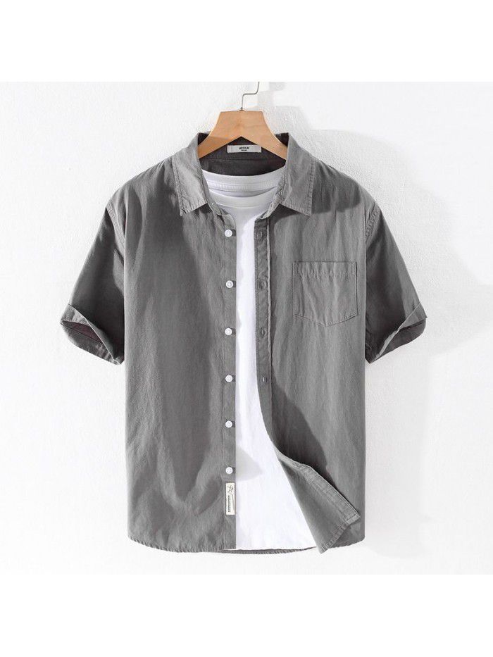 Summer new men's cotton shirt relaxed and comfortable youth simple solid color men's shirt 9342 