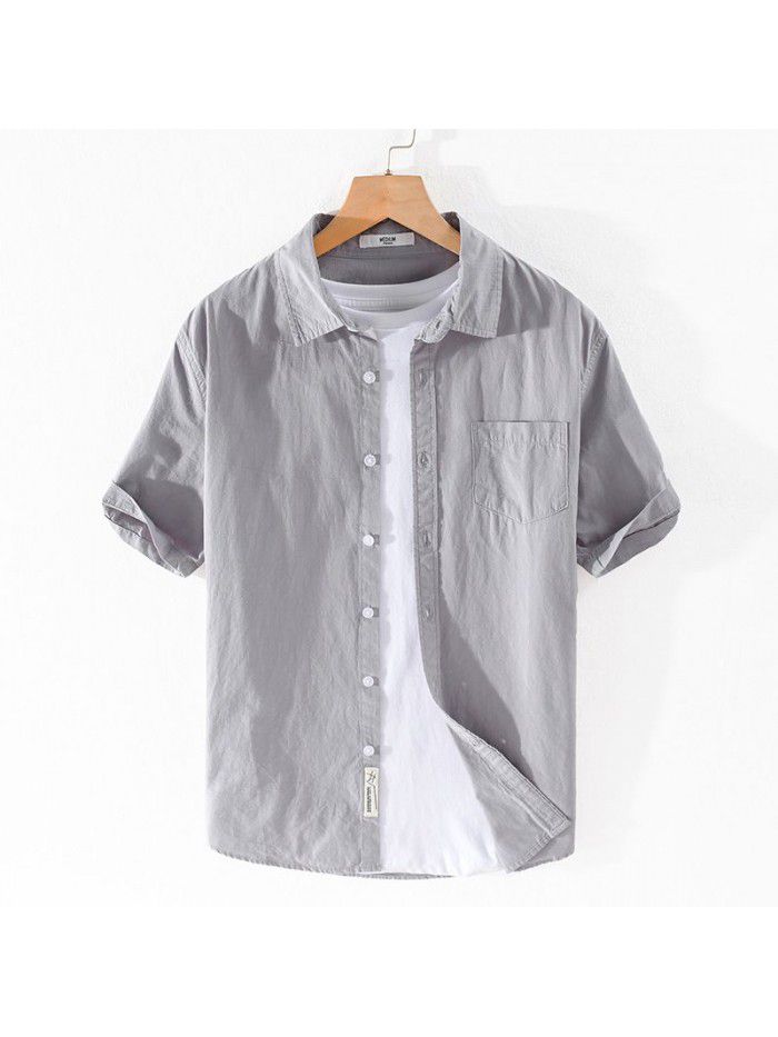 Summer new men's cotton shirt relaxed and comfortable youth simple solid color men's shirt 9342 