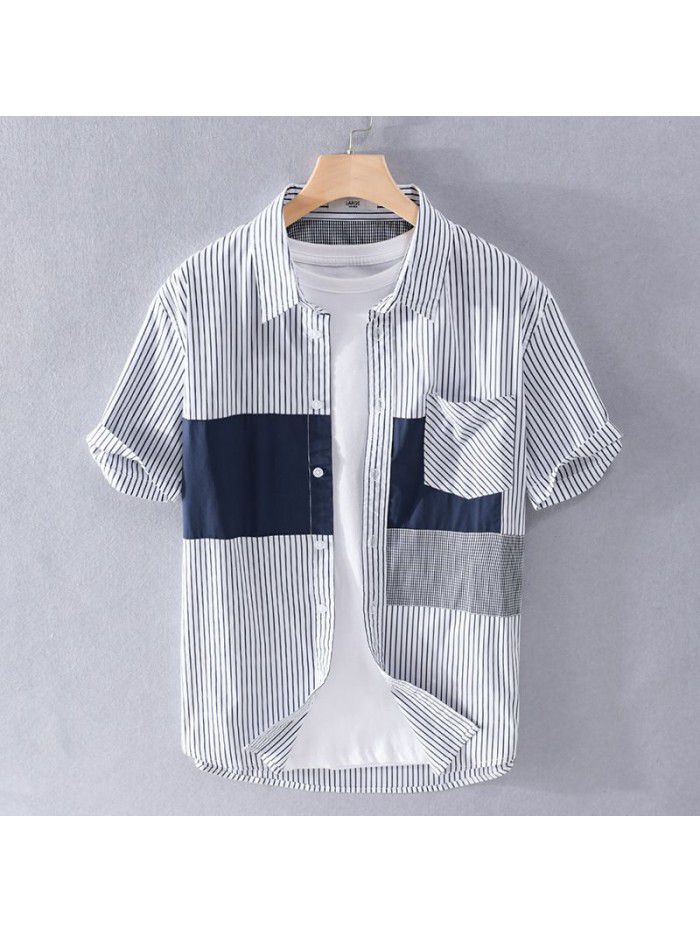 Summer men's casual striped shirt, fresh literature and art, Japanese popular young handsome versatile cotton shirt 906 