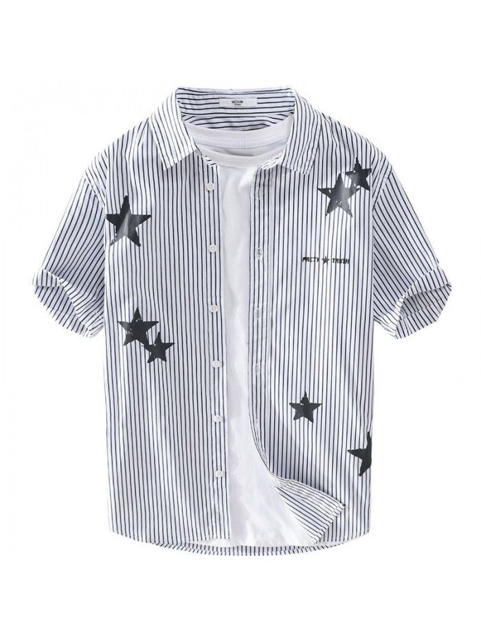 Summer new striped men's shirt star print fashion simple art fan Xiaoqing new men's cotton shirt 905 