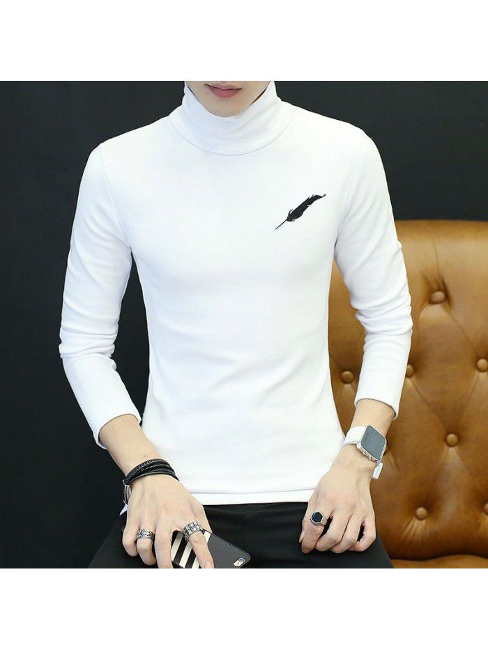 autumn new youth t-shirt Korean leisure student feather embroidery Plush long sleeve high collar T-shirt male 