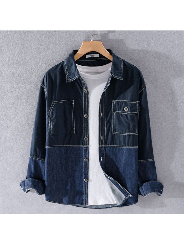 Spring and autumn men's casual Japanese retro stitched cotton shirt popular loose long sleeve youth trendy men's cotton shirt 9355 