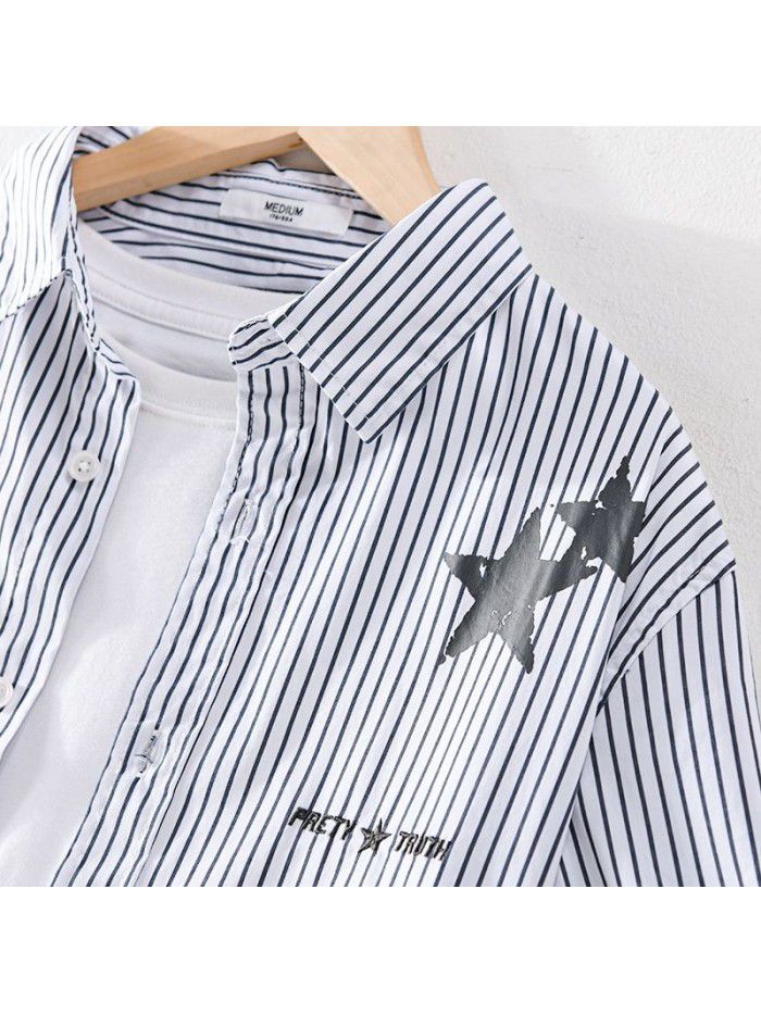 Summer new striped men's shirt star print fashion simple art fan Xiaoqing new men's cotton shirt 905 