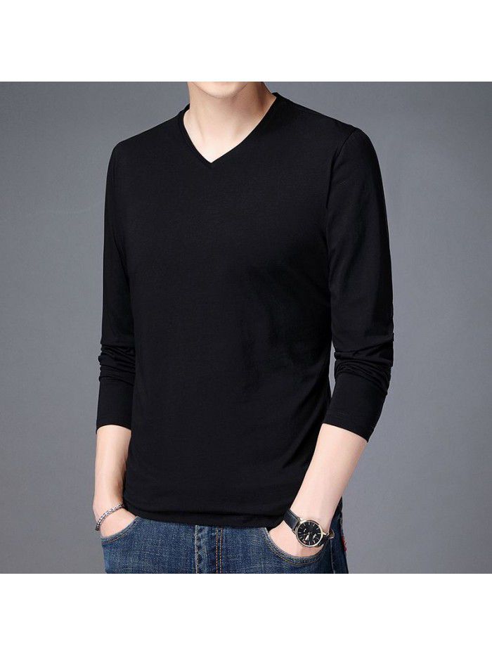 spring new men's long sleeve T-shirt solid color round neck bottomed shirt long sleeve t-shirt men's middle aged Dad 