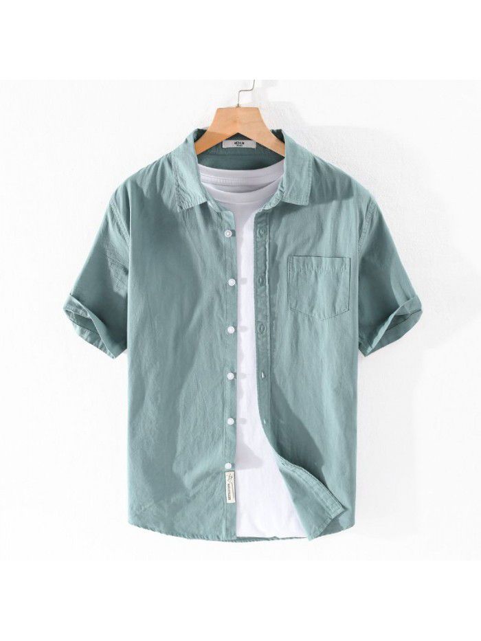 Summer new men's cotton shirt relaxed and comfortable youth simple solid color men's shirt 9342 