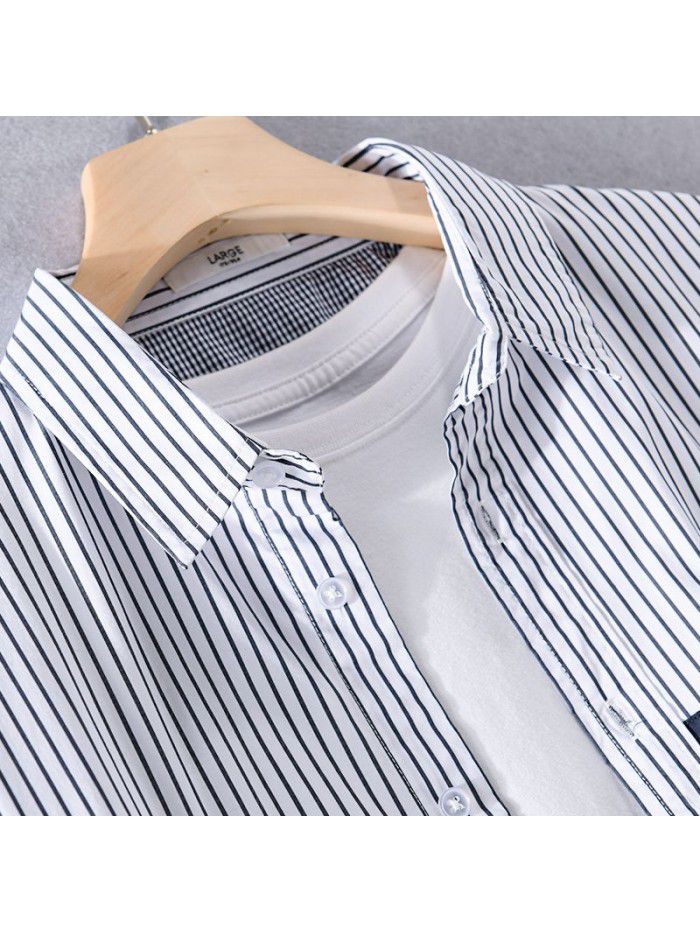 Summer men's casual striped shirt, fresh literature and art, Japanese popular young handsome versatile cotton shirt 906 