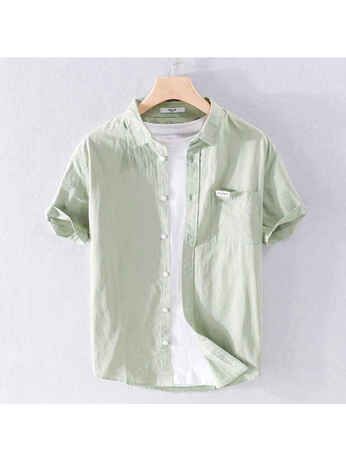 Summer men's new pure color comfortable cotton shirt youth simple Japanese fresh white popular men's shirt 315 