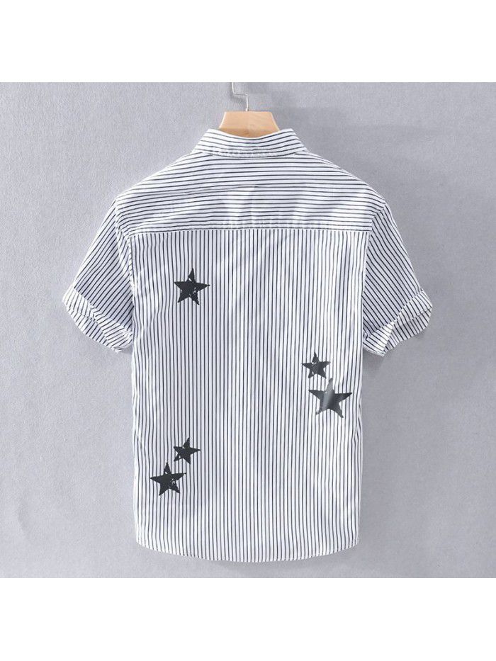 Summer new striped men's shirt star print fashion simple art fan Xiaoqing new men's cotton shirt 905 