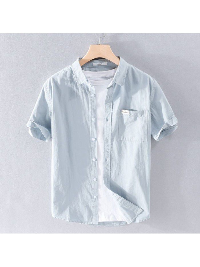 Summer men's new pure color comfortable cotton shirt youth simple Japanese fresh white popular men's shirt 315 