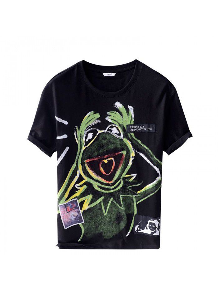 Summer Cotton Short Sleeve T-Shirt trendy men's cartoon printed hip hop style cotton black T-shirt 8903 