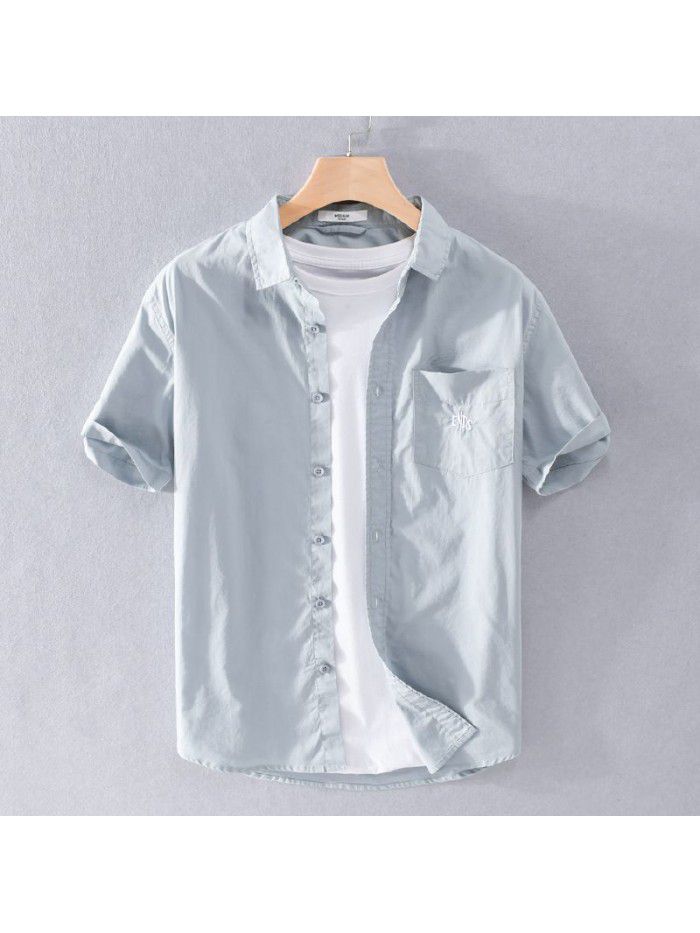 Summer men's casual loose men's shirt simple versatile literary model young handsome cotton shirt 9734 