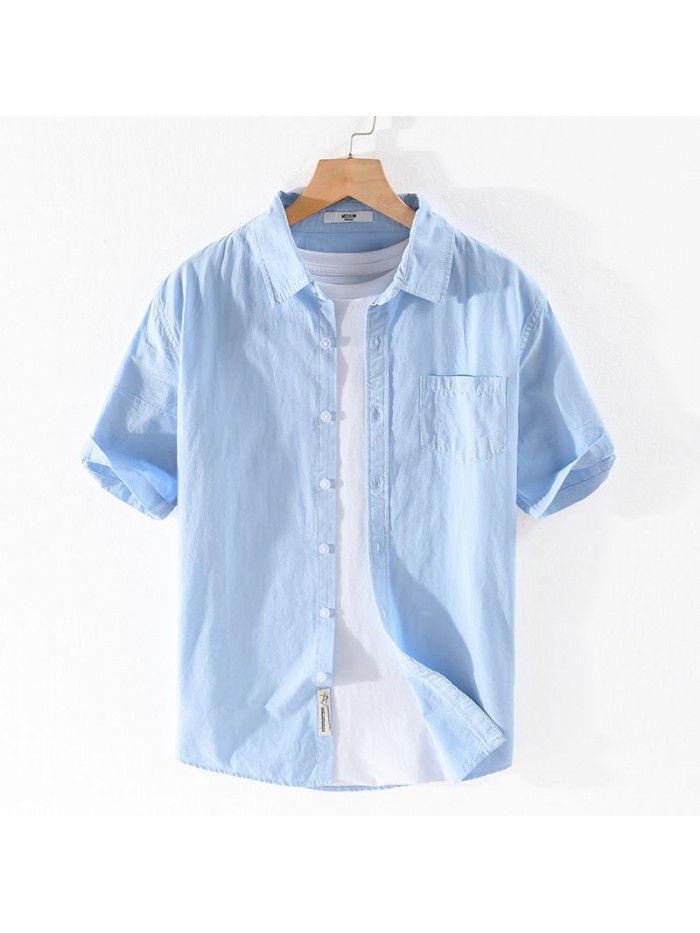 Summer new men's cotton shirt relaxed and comfortable youth simple solid color men's shirt 9342 