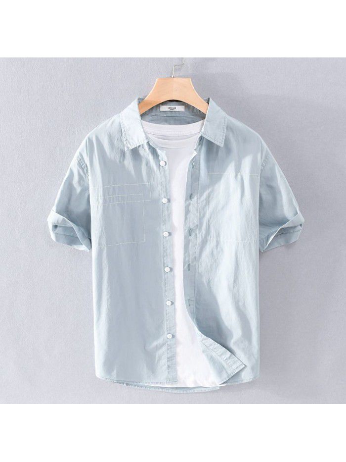 Summer men's casual comfortable handsome simple cotton shirt fashionable young men white shirt men's 907 