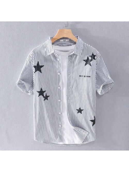 Summer new striped men's shirt star print fas...
