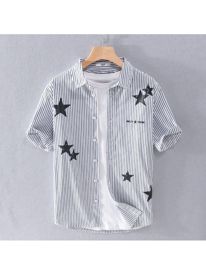 Summer new striped men's shirt star print fashion simple art fan Xiaoqing new men's cotton shirt 905 