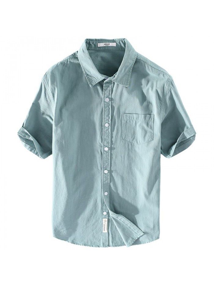 Summer new men's cotton shirt relaxed and comfortable youth simple solid color men's shirt 9342 