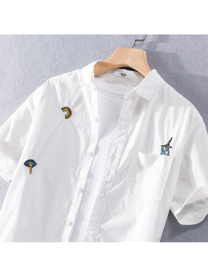 Summer leisure fashion logo embroidery fashion men's cotton shirt thin handsome comfortable white shirt men's 9737 