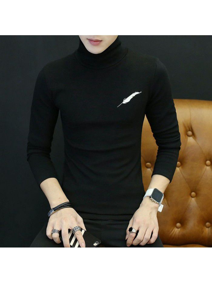 autumn new youth t-shirt Korean leisure student feather embroidery Plush long sleeve high collar T-shirt male 