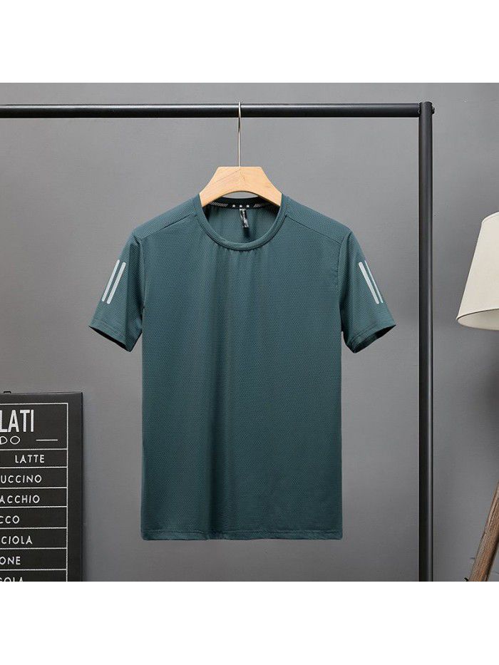 Ice silk breathable short sleeve t-shirt men's summer solid color quick drying T-shirt bottom coat round neck top dress summer dress large size 
