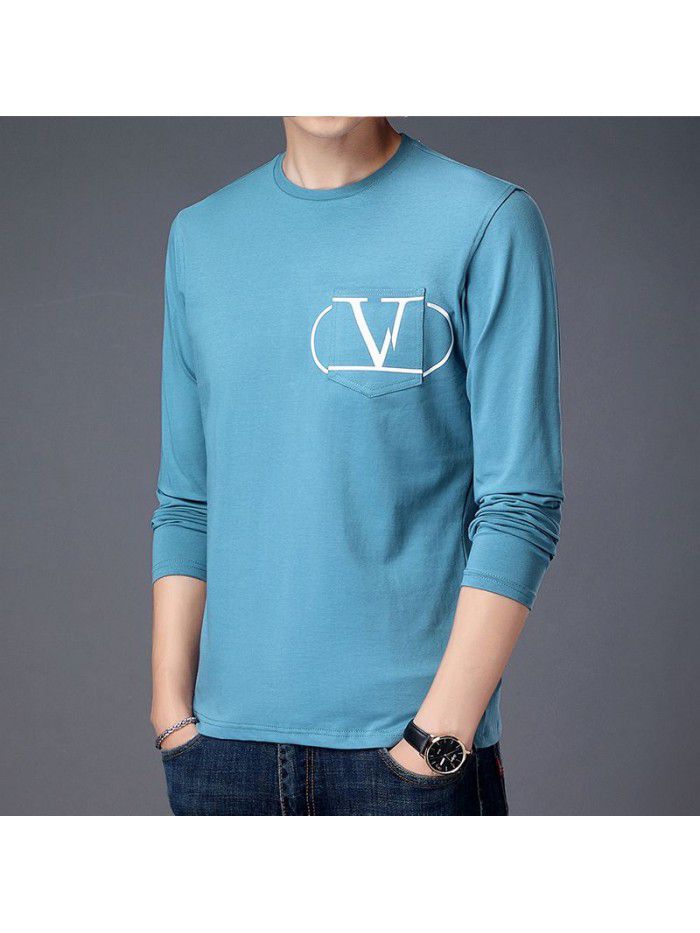 spring new men's long sleeve T-shirt solid color round neck bottomed shirt long sleeve t-shirt men's middle aged Dad 