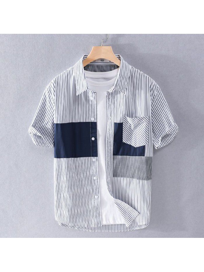 Summer men's casual striped shirt, fresh literature and art, Japanese popular young handsome versatile cotton shirt 906 